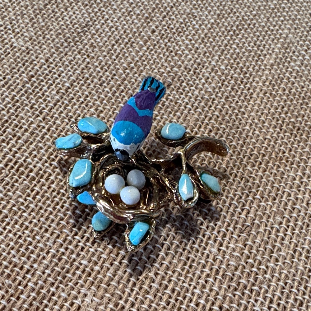 Swoboda Vintage Colorful Bird In Nest Brooch